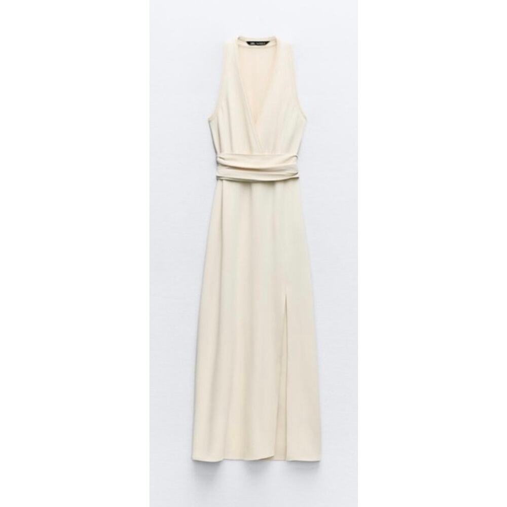 Zara Satin-effect Cream Crossover Maxi Dress V-Neck Semi Sheer Small